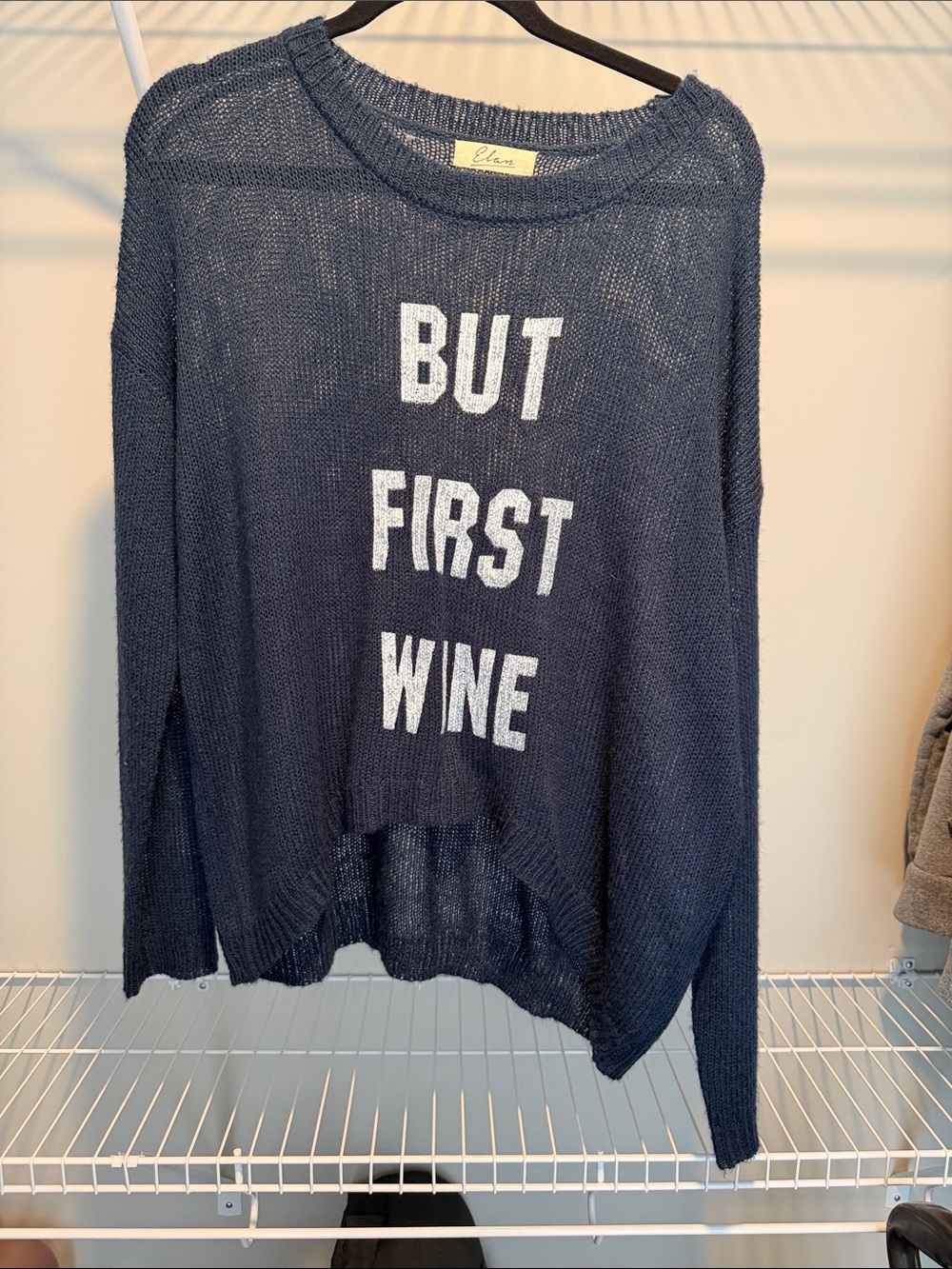 Elan Navy Knit Crewneck Sweater with White Slogan